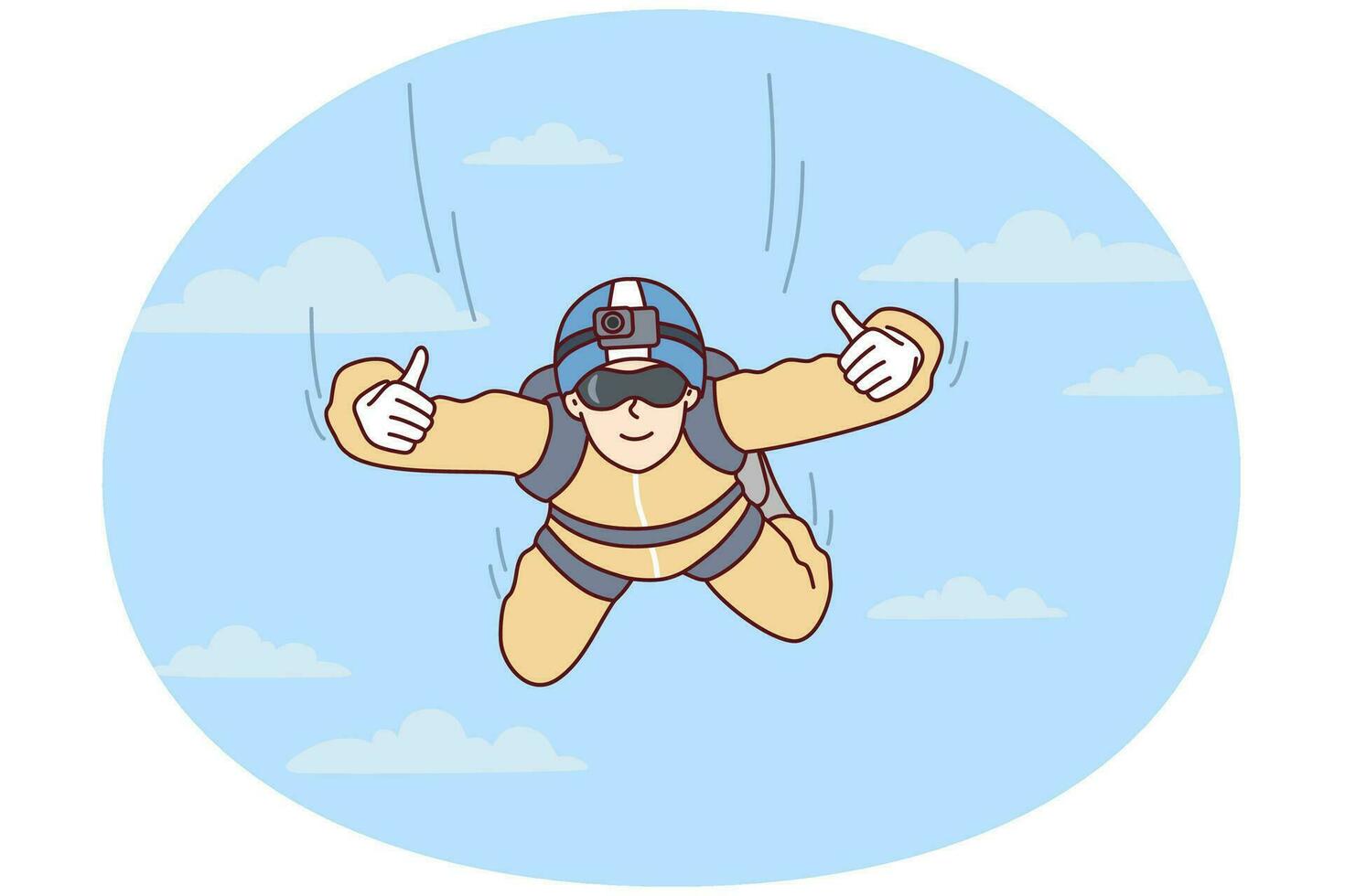Man skydiver hangs in sky and shows two hands thumbs up after jumping from airplane. Flat image vector