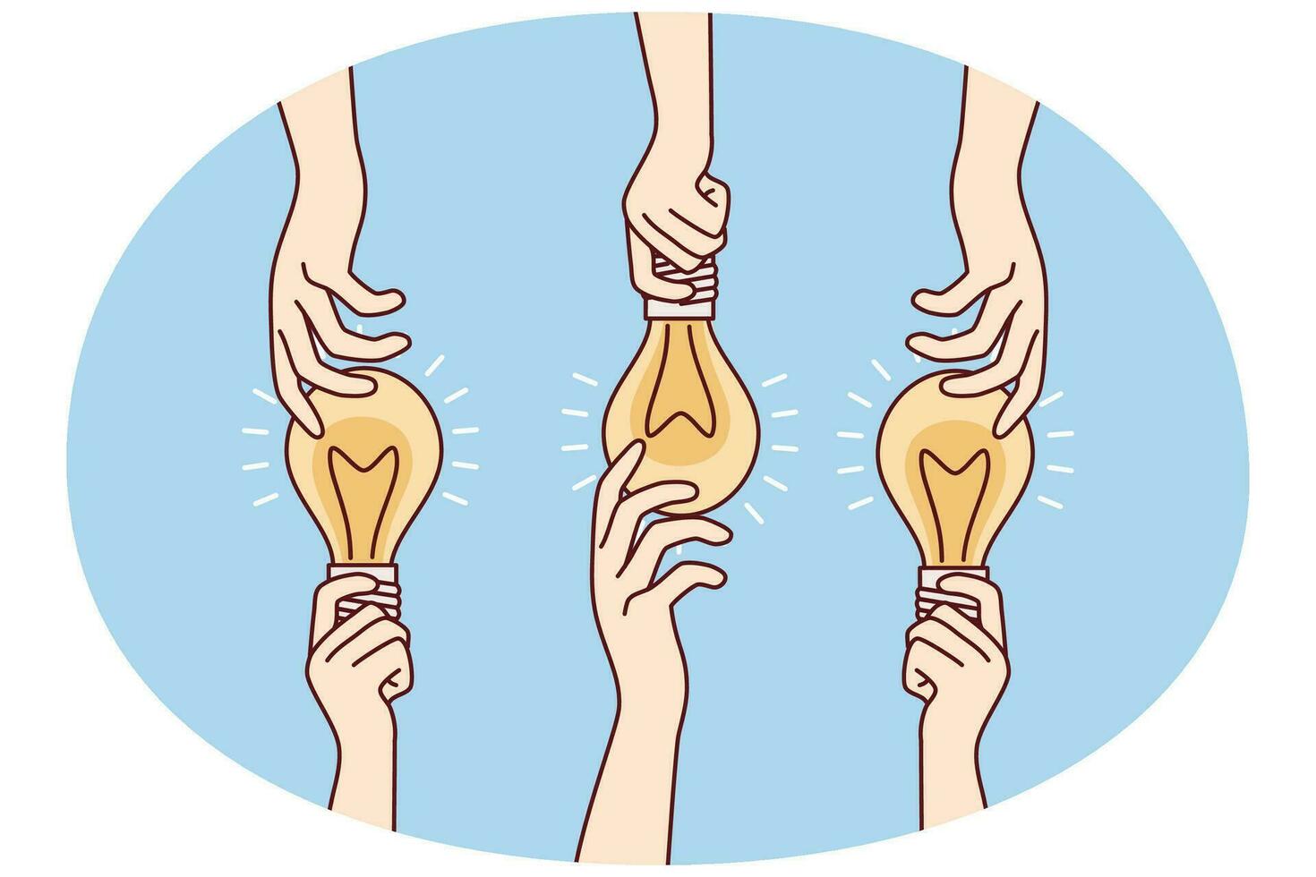 Hands sharing glowing light bulbs are metaphor for ideas or joint brainstorming. Vector image