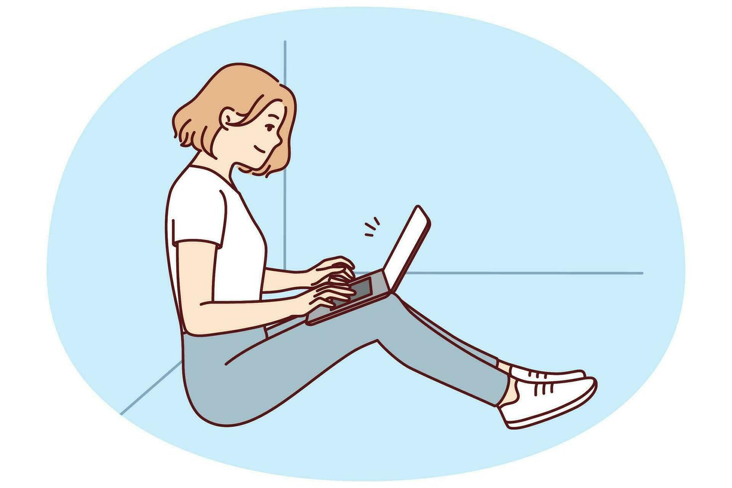 Positive woman freelancer sitting on floor near wall with laptop on lap. Vector image