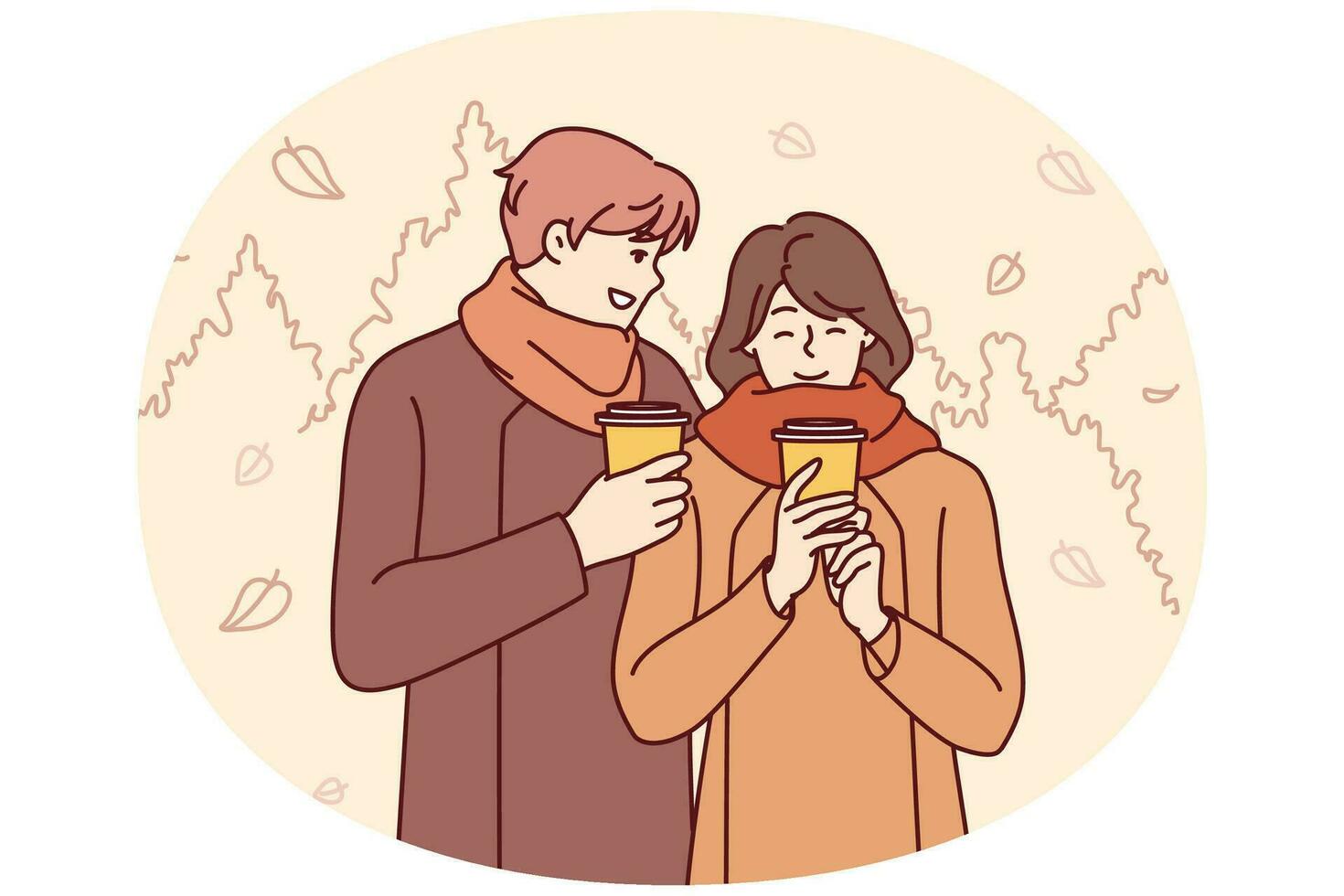 Smiling an and woman in warm clothes walking in autumn park and drinking hot coffee. Vector image