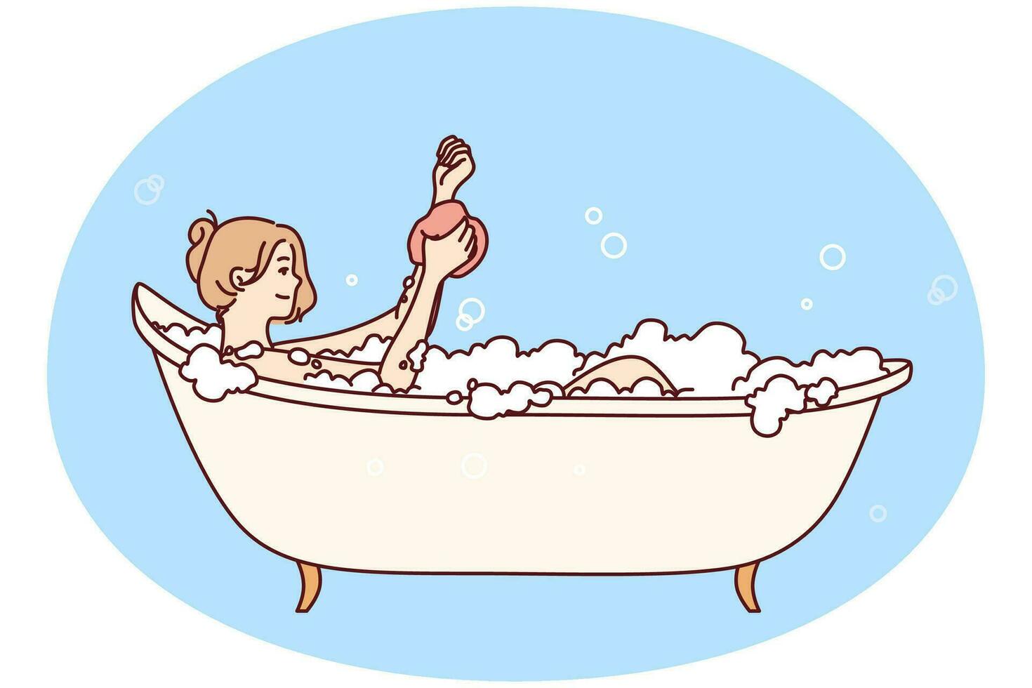 Young happy woman rubbing hand with washcloth bathing and relaxing after hard day. Vector image