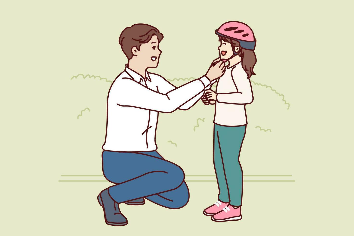 Caring father puts bicycle helmet on head of cyclist daughter to protect child from injury vector