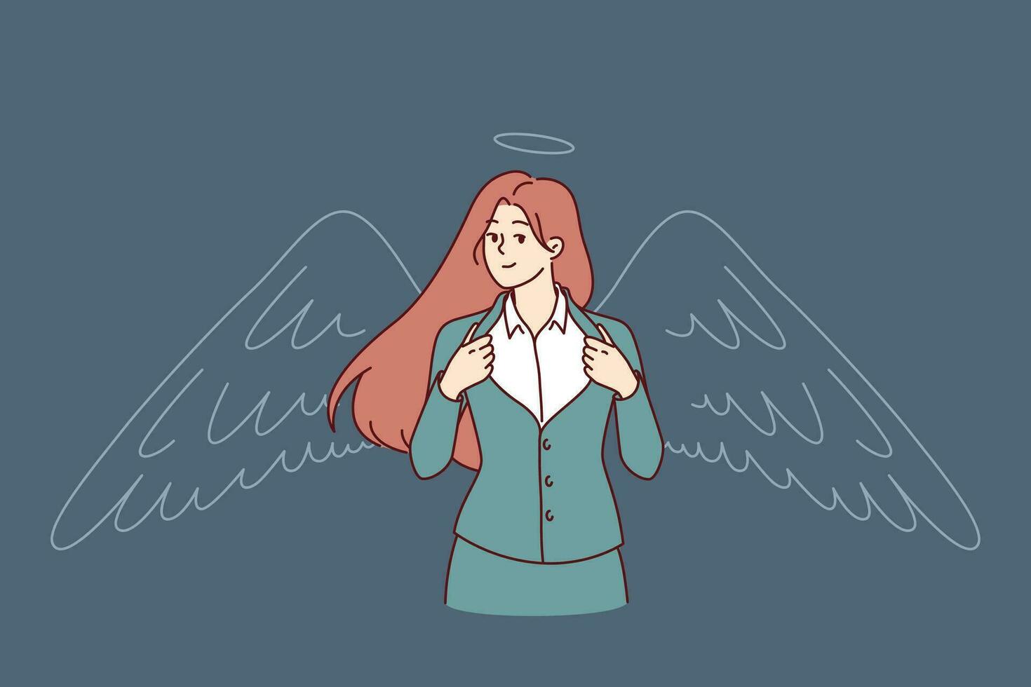 Business woman with angel wings unbuttons jacket on chest demonstrating leadership qualities vector