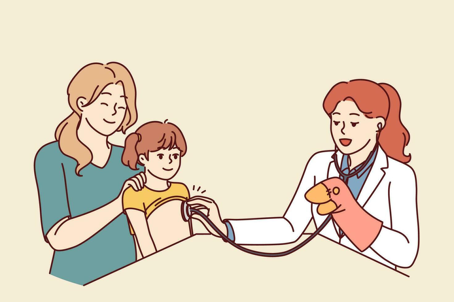 Woman doctor pediatrician applies stethoscope to chest of child sitting on lap of happy mother vector