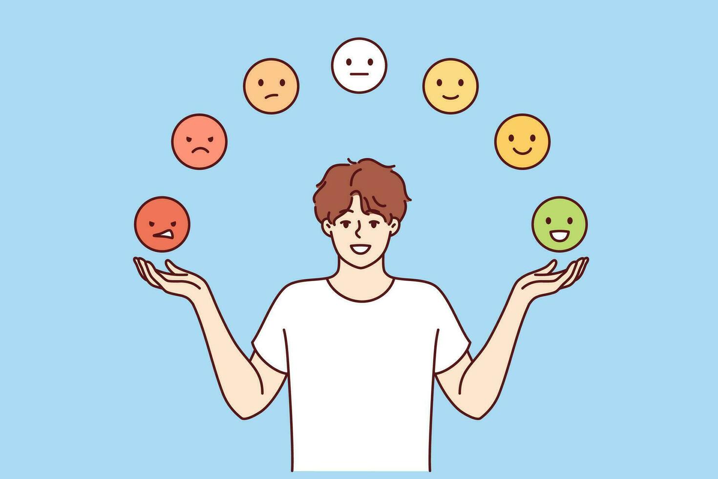Man trying to maintain emotional balance by juggling emoticons with positive and negative emotions vector