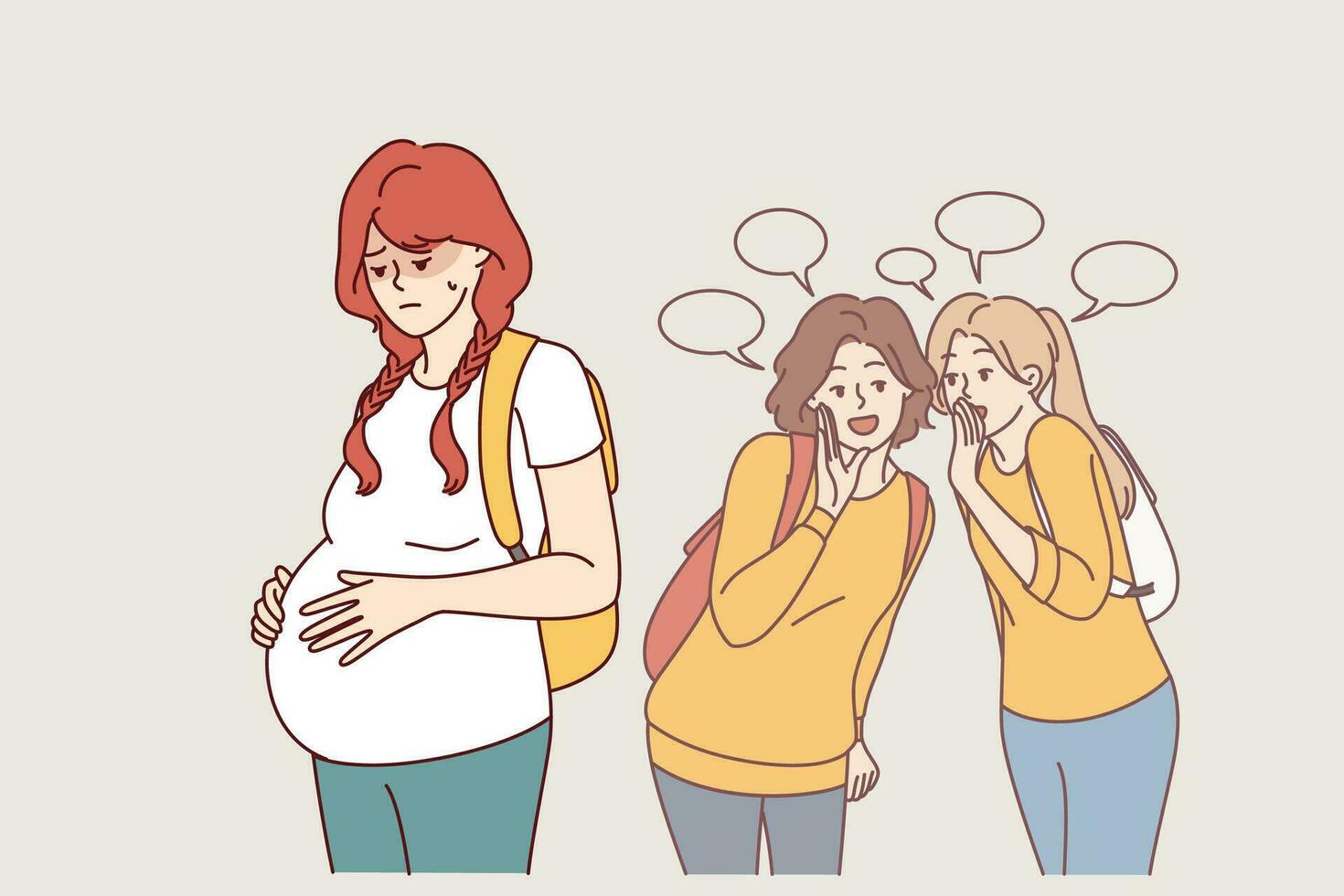 Pregnant teenage woman, victim of bullying, stands near judgmental classmates with backpacks vector