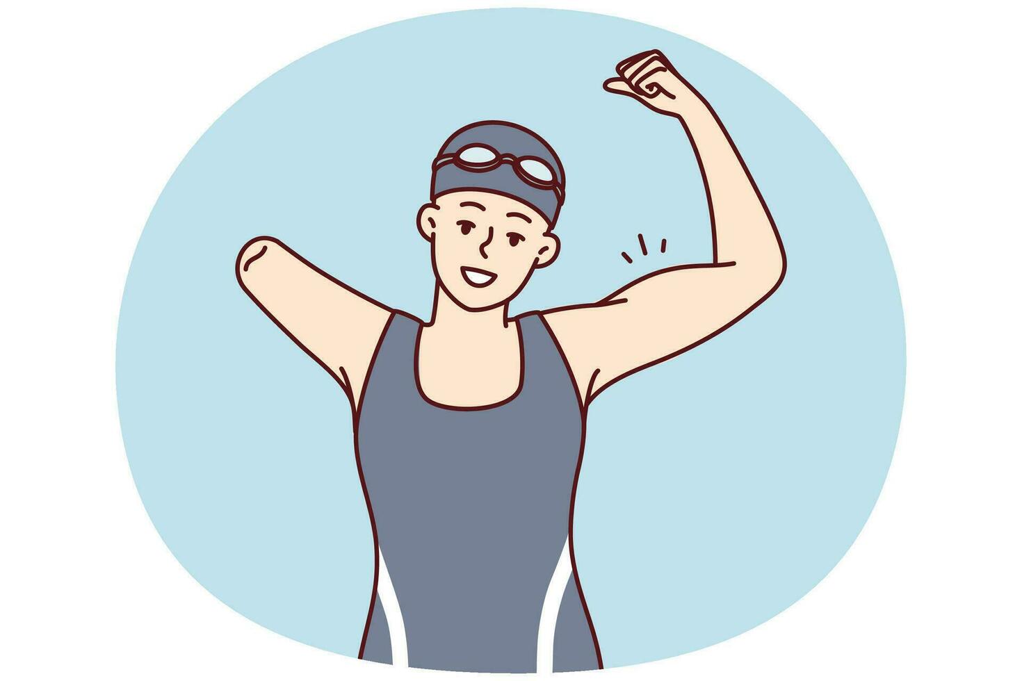 Woman swimmer with one arm showing strength by showing biceps as sign of victory. Vector image