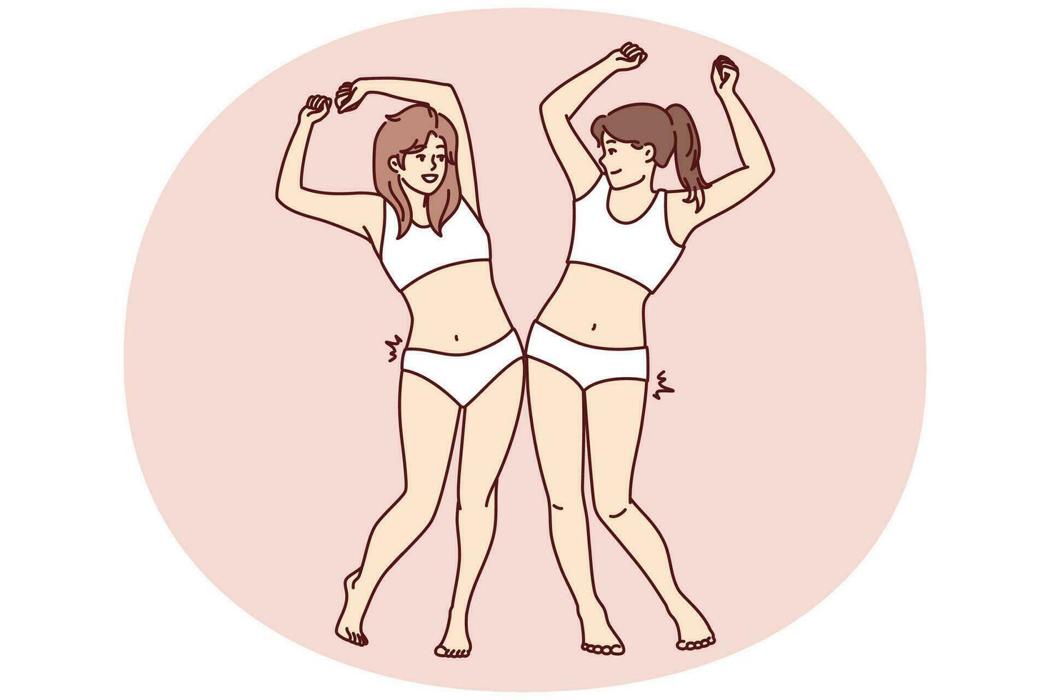 Slender women in swimsuits bumping hips rejoice at result of losing weight after diet. Vector image