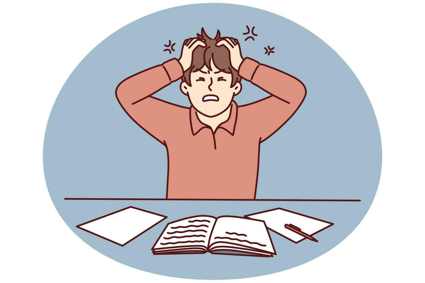 Angry man clutching head sitting at table with workbooks suffering from nervous work. Vector image