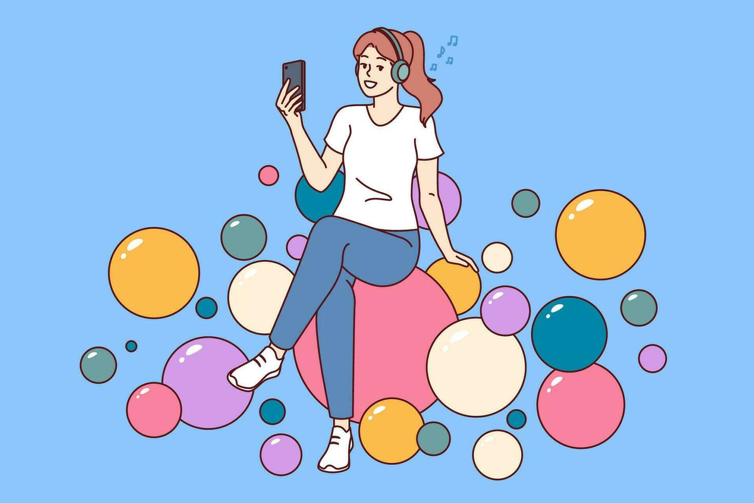 Teenager woman listening to music on headphones and holding mobile phone sitting on balloons vector