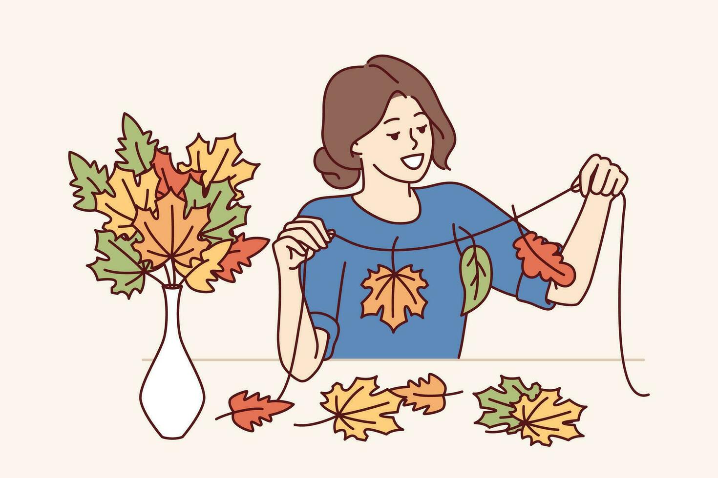 mujer crea otoño atmósfera en hogar por haciendo hecho a mano guirnalda desde vistoso árbol follaje vector