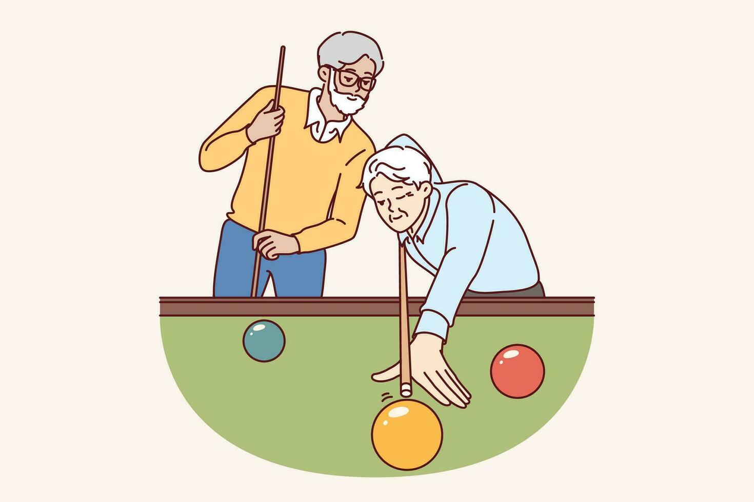 Elderly men play billiards, enjoying favorite hobby that allows spend time with friends vector