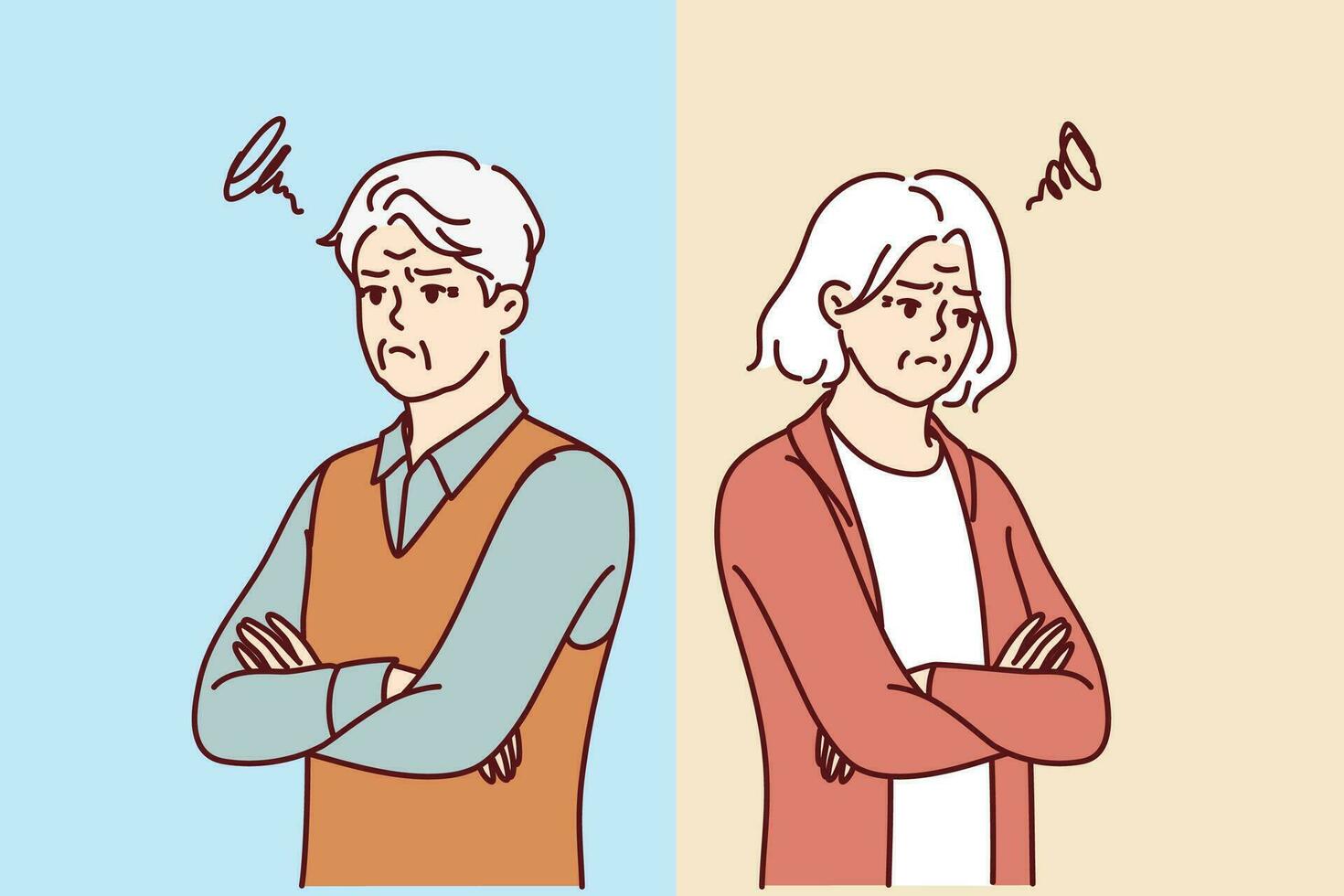 Quarreled seniors look in different directions due to differences or dissimilar interests vector