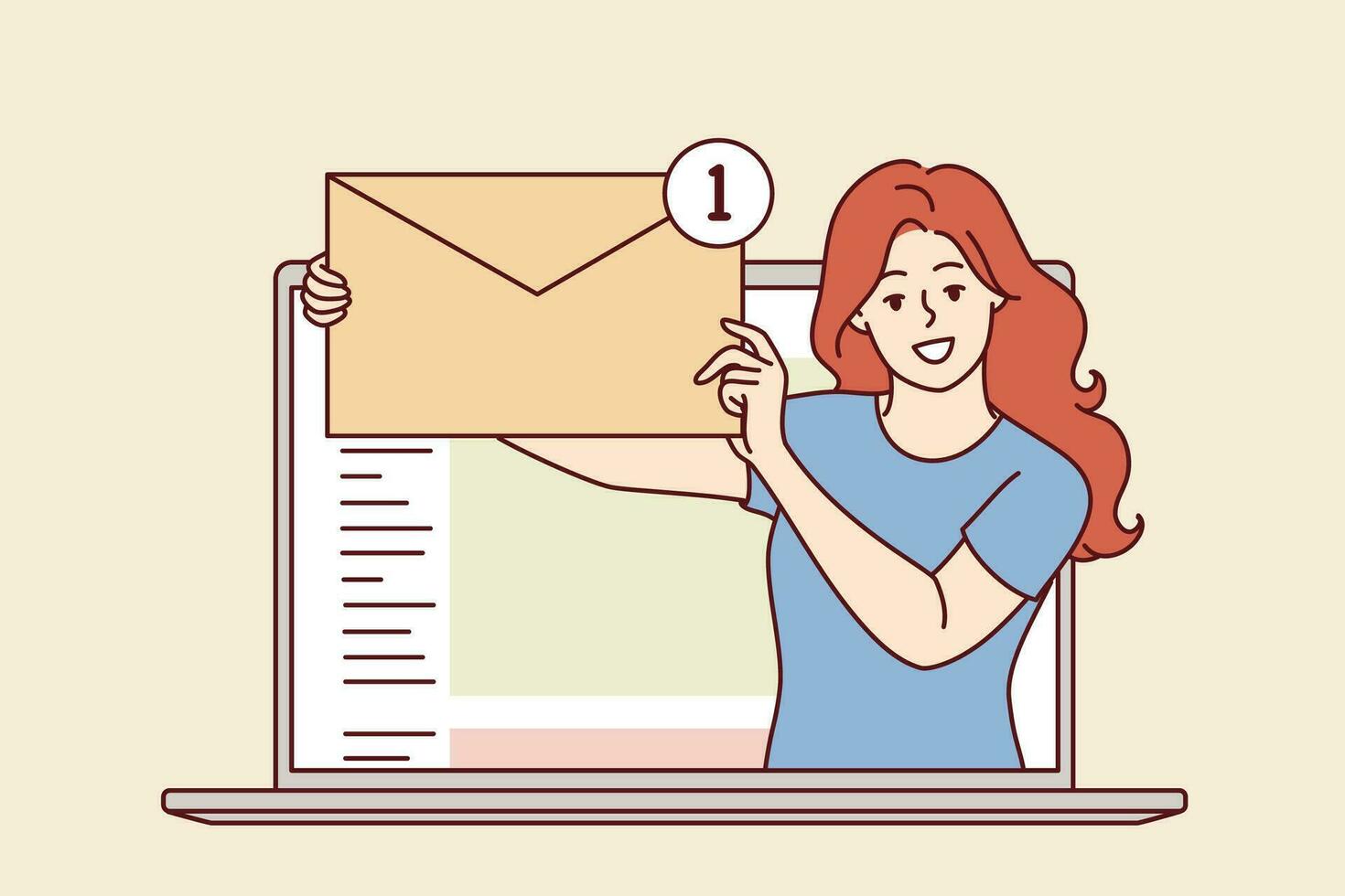 Email messages in hands of woman looking out of laptop and holding large envelope vector