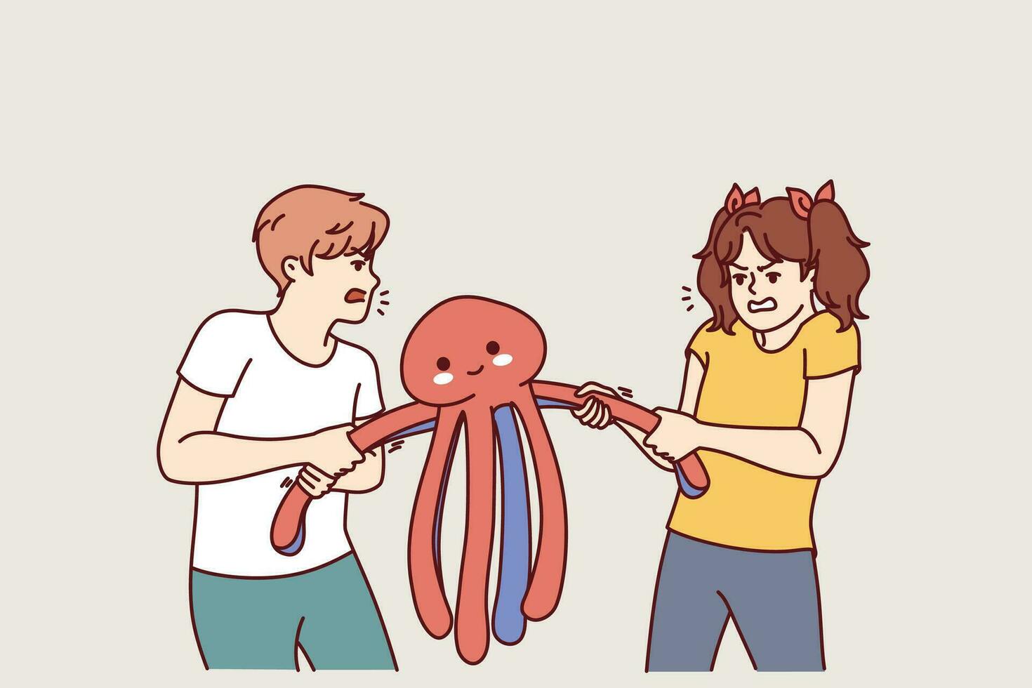Children quarrel over toy and pull stuffed octopus in directions, not wanting to compromise vector