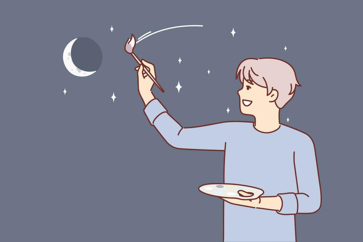 Man artist paints evening sky with moon and stars, dreaming of traveling around galaxy vector