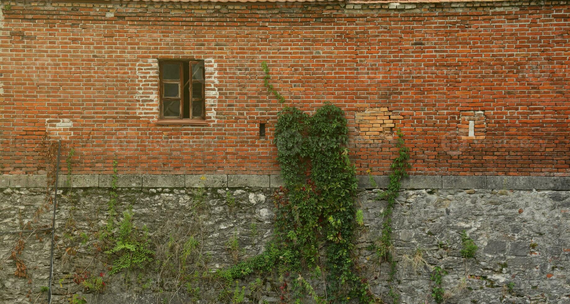 Very old brick stone wall of castle or fortress of 18th century. Full frame wall with obsolete dirty and cracked bricks photo