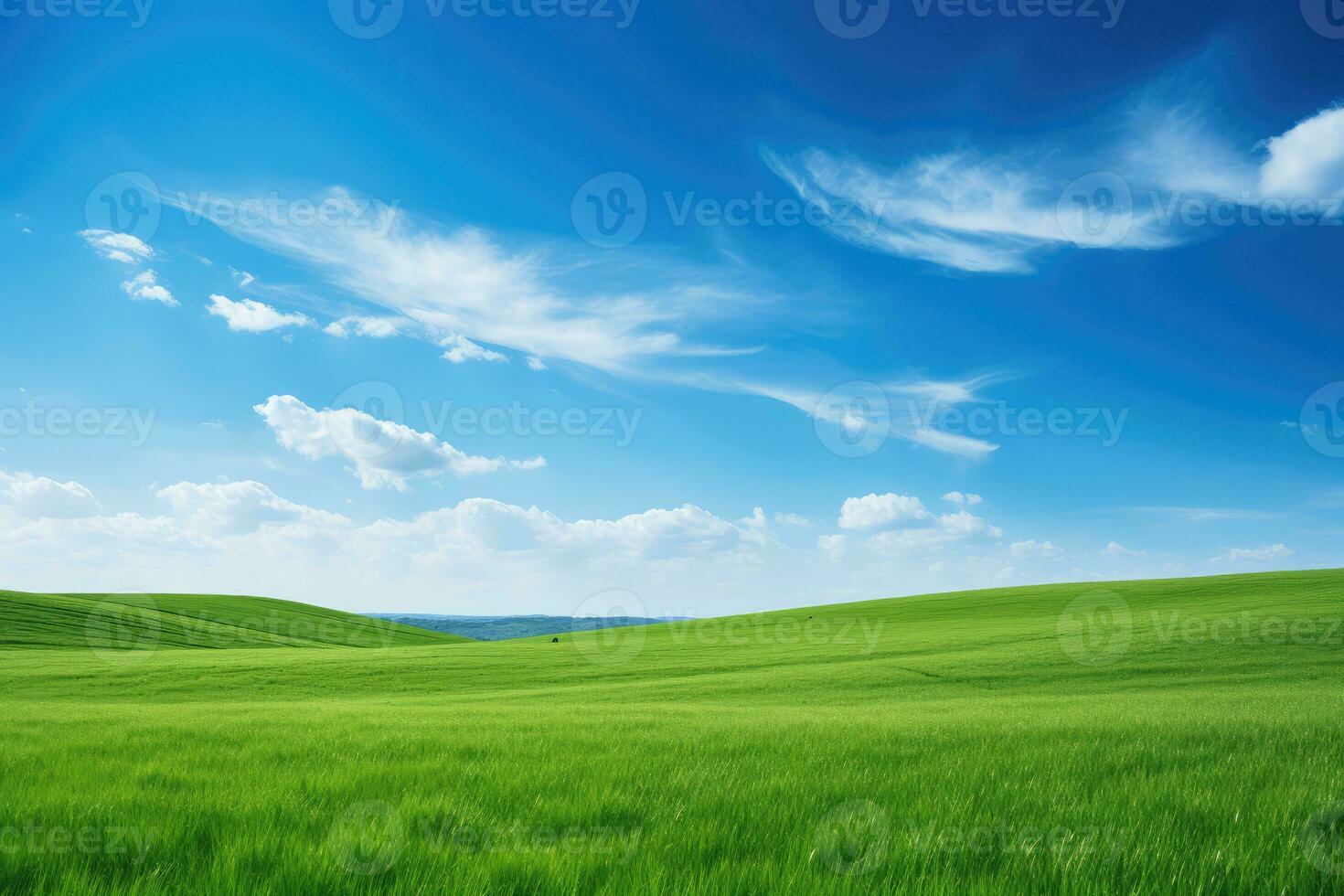 AI generated green grass hill and blue sky photo