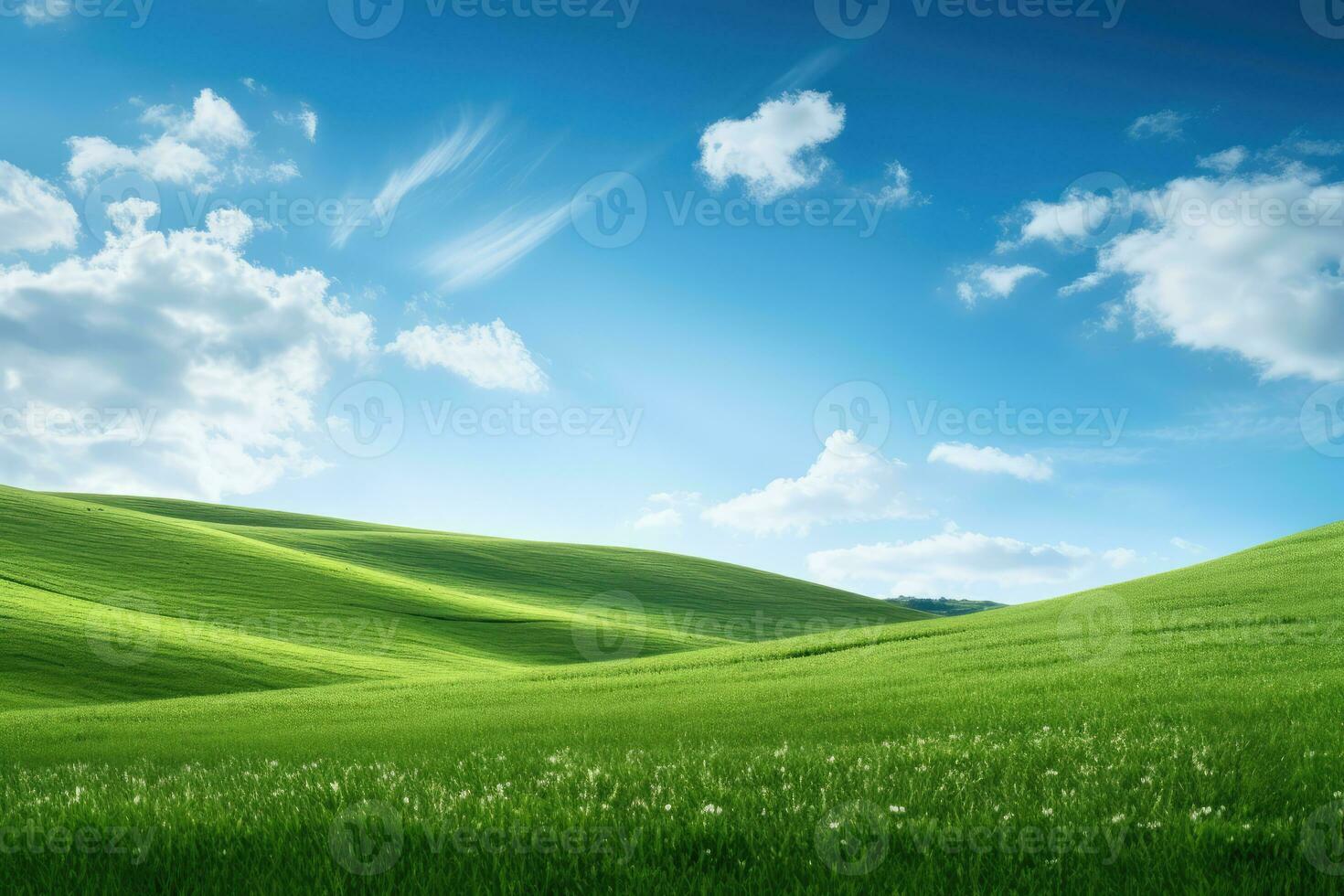 AI generated green grass hill and blue sky photo