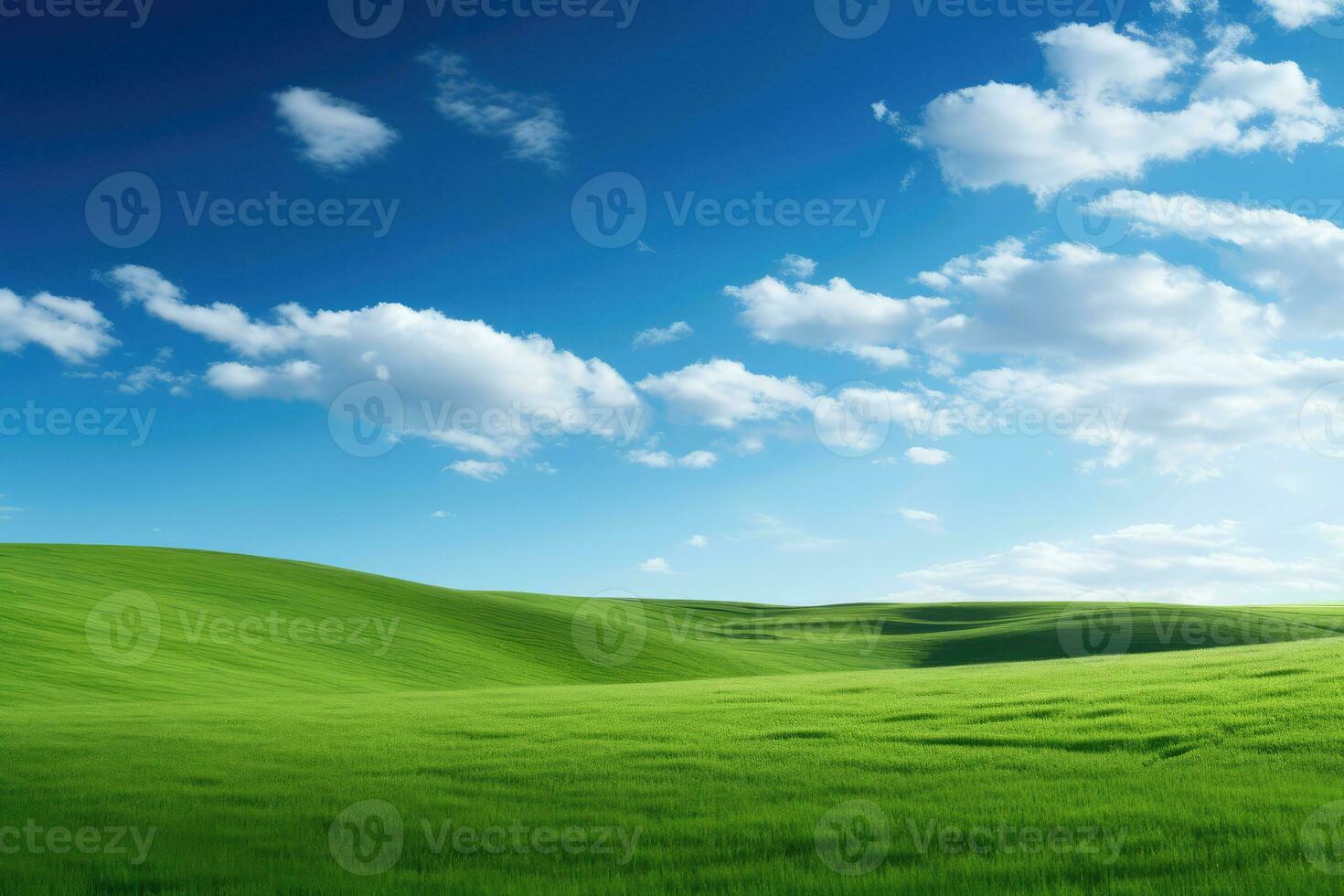 AI generated green grass hill and blue sky photo