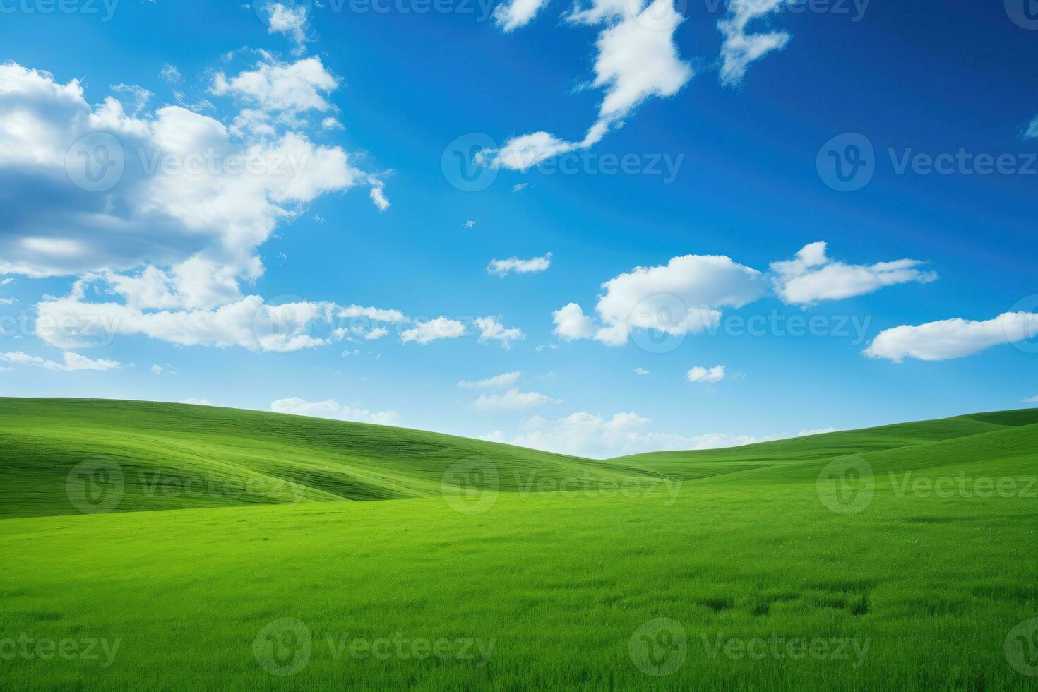 AI generated green grass hill and blue sky photo