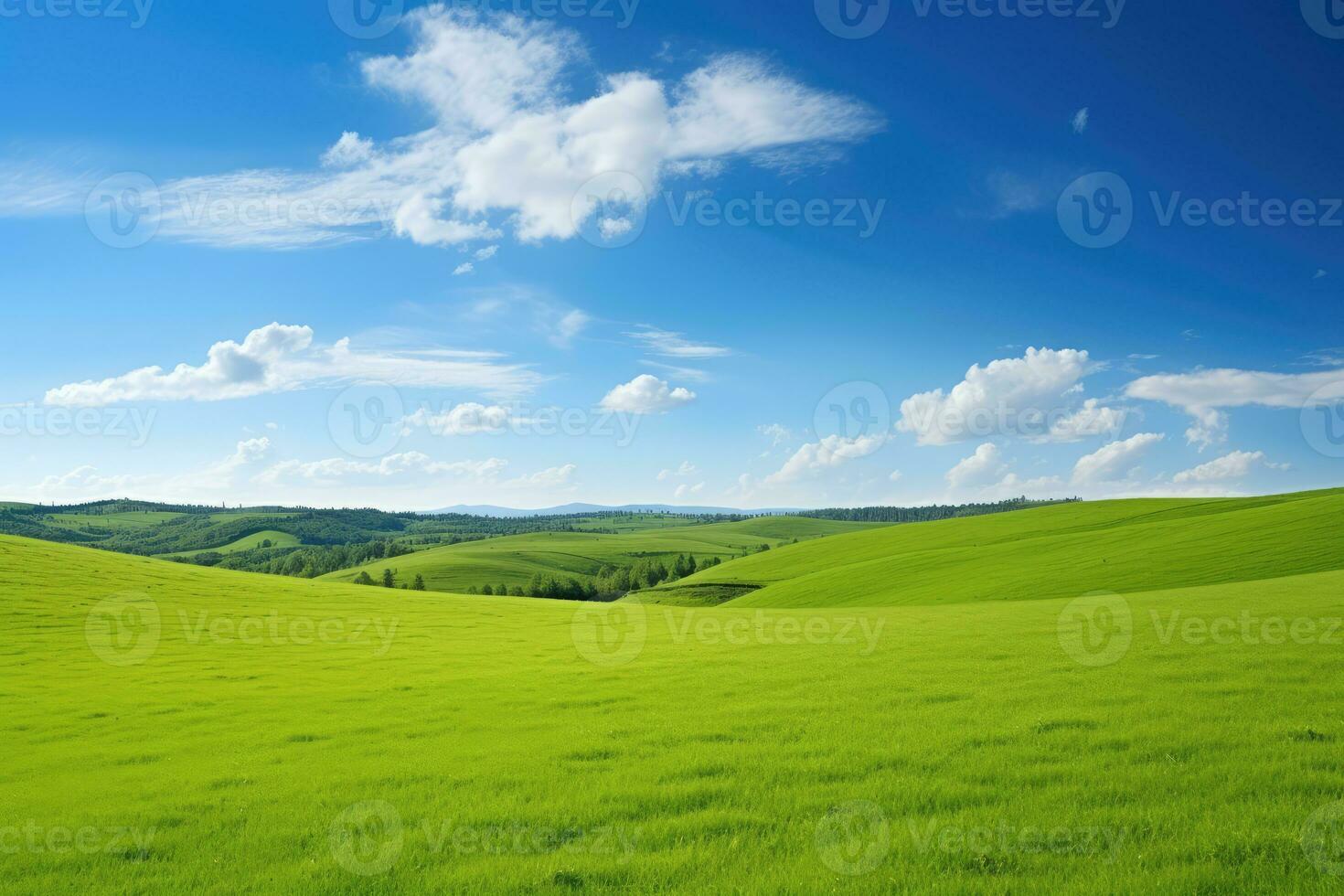 AI generated green grass hill and blue sky photo