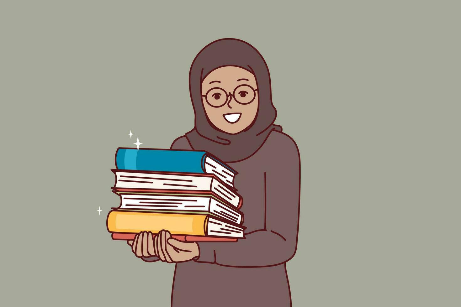 árabe pequeño niña en hijab sostiene religioso libros con oraciones en manos y mira a pantalla con sonrisa vector