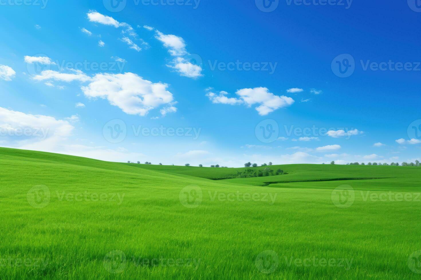 AI generated green grass hill and blue sky photo