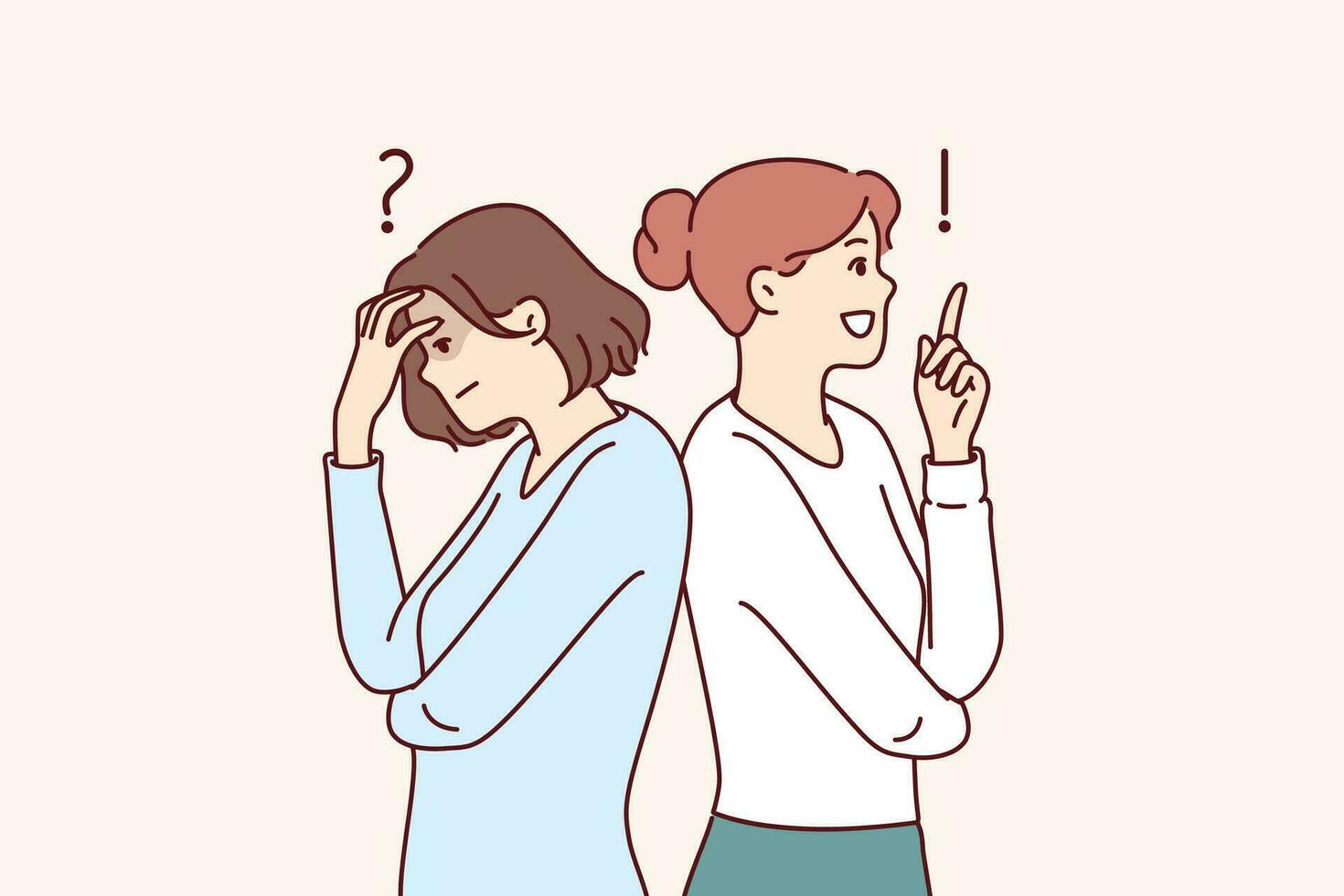 Two women solving same problem experience different emotions standing with backs to each other vector