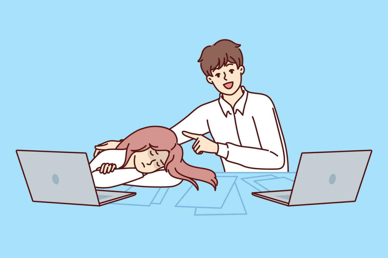High school student boy sits at table with smile pointing at sleeping classmate in need of rest vector