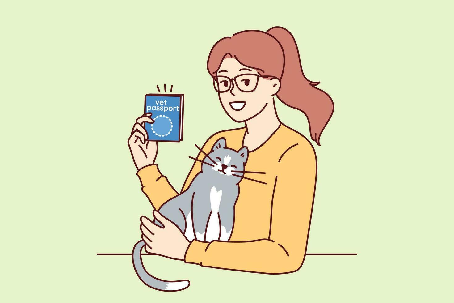 Woman with vet passport strokes cat demonstrating veterinary document that allows to travel with pet vector