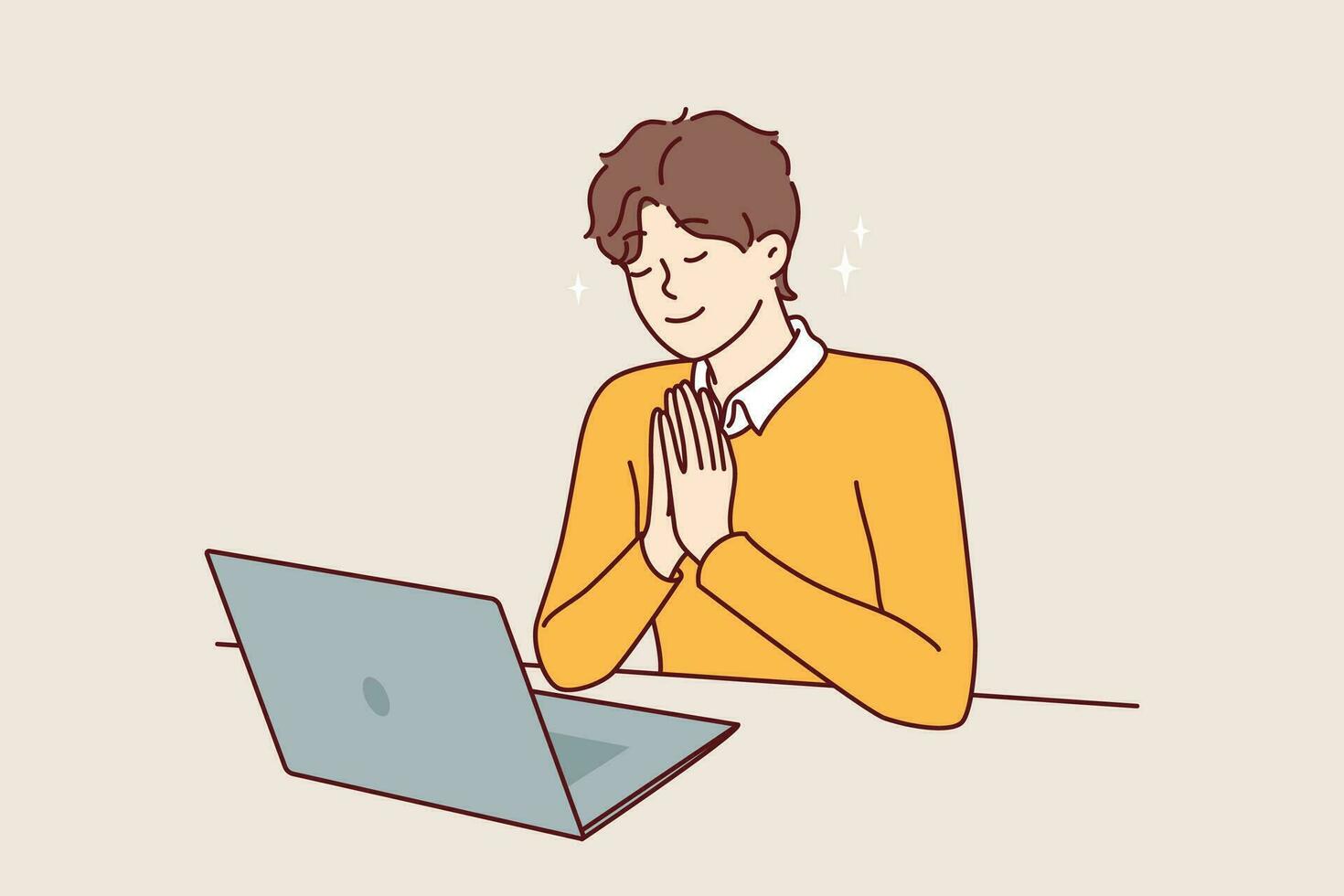 Man prays sitting in front laptop and watching broadcast religious event from catholic church vector