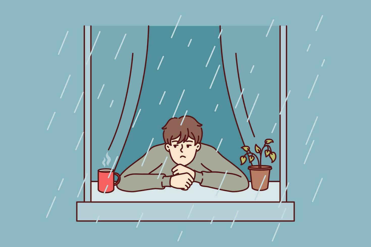 Melancholic man looks at rain from window with head on sill near coffee mug with hot drink vector