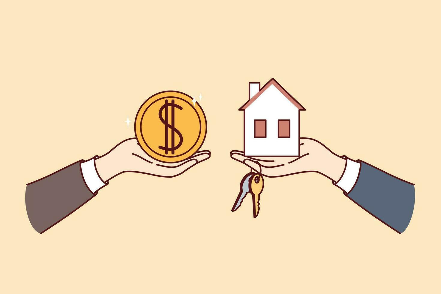 Real estate transaction when buying or renting house, with hands holding money and miniature cottage vector