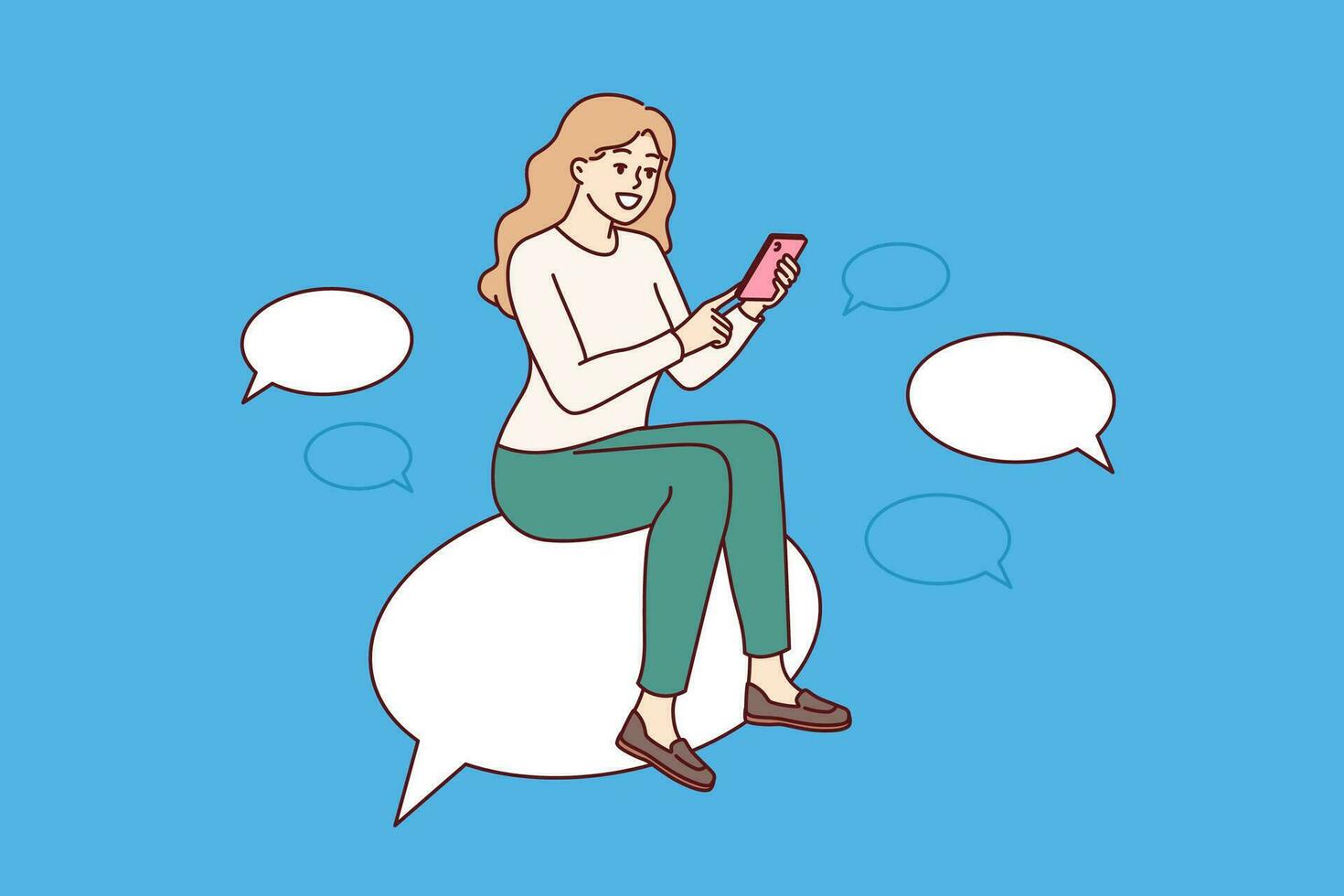 Woman is chatting on mobile phone, sitting on speech bubble and typing SMS on social networks vector