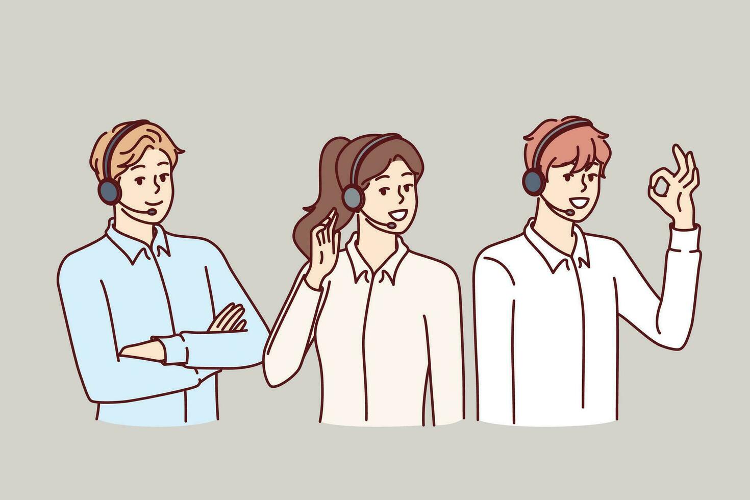 Call center or customer support employees use headset with microphone to make telephone sales vector