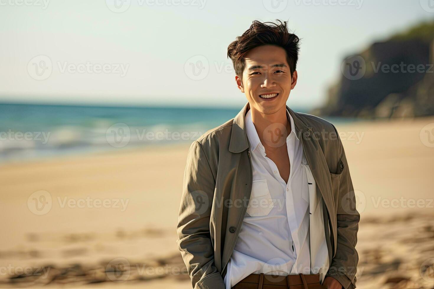 AI generated happy man standing on the beach photo