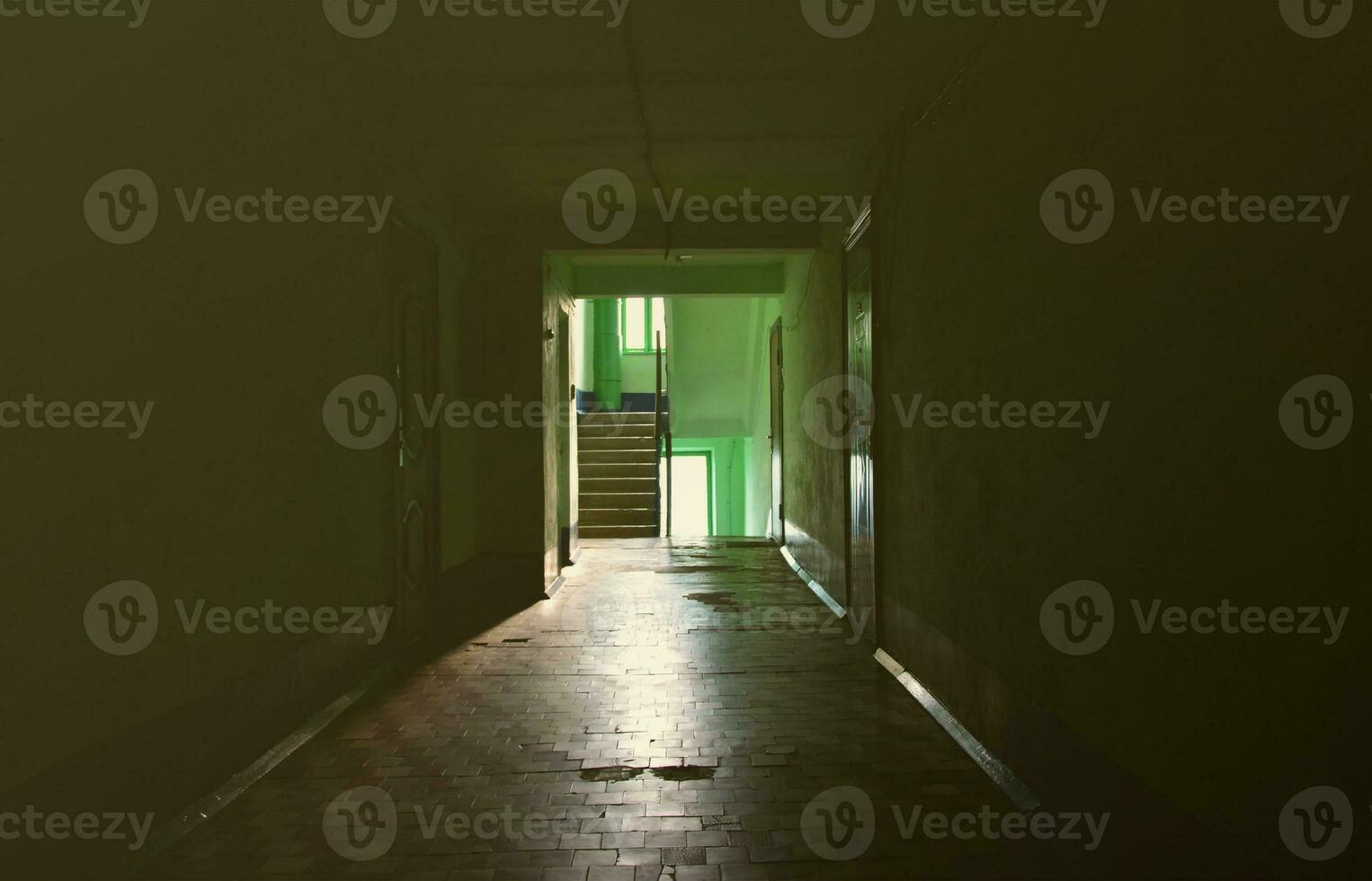 The gloomy corridor of a neglected public building. Public space in a poor residential high-rise building photo