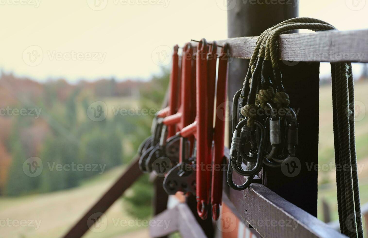 large metal locking carabiners with rope, climbing gear hanging on the store room. Height safety harness and arborist equipment photo