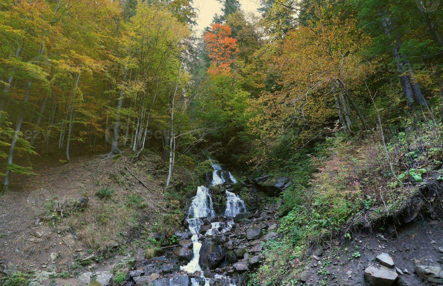 A mountain waterfall flows over the rocks. Waterfall cascade on mossy rocks photo
