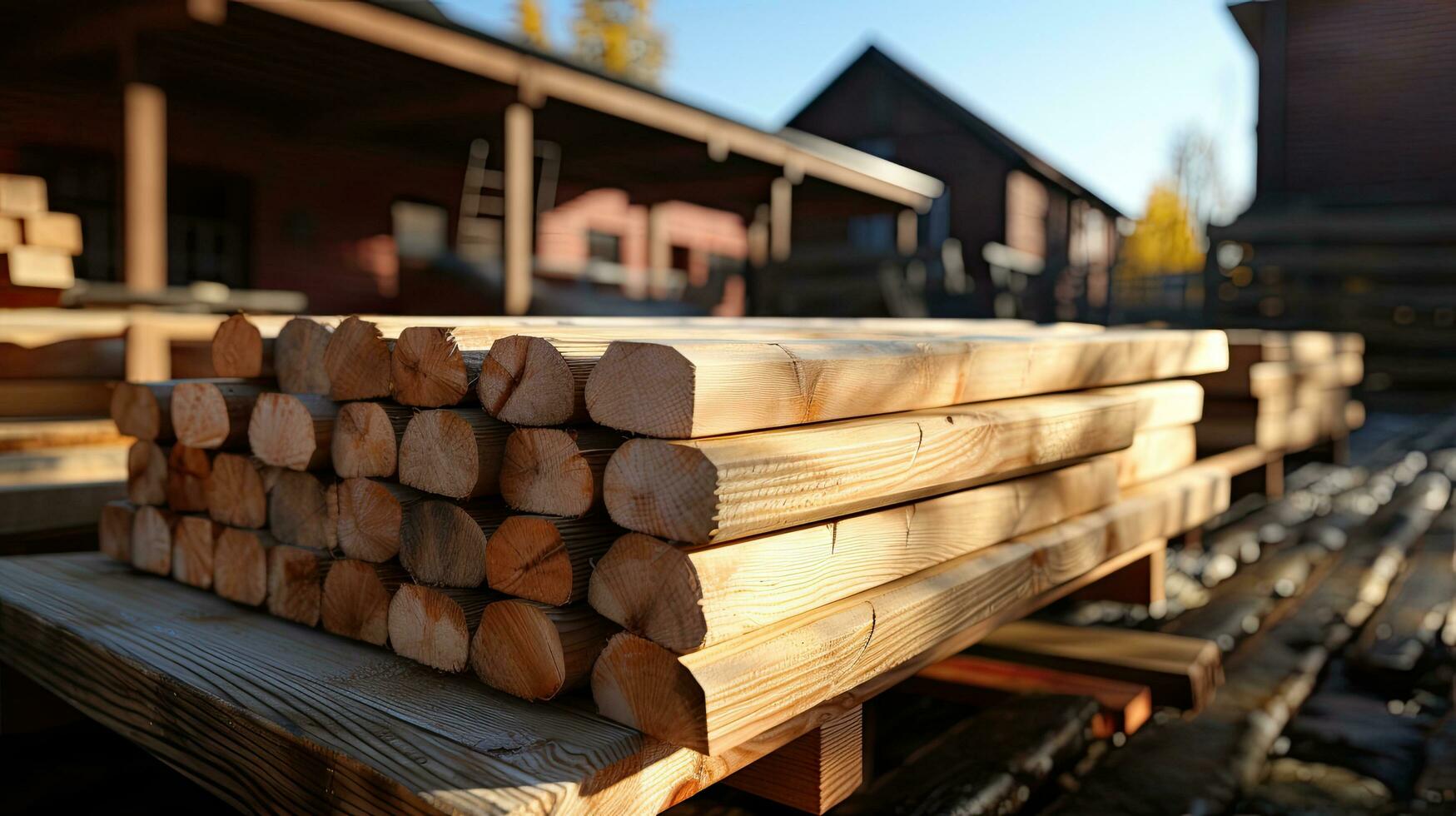 AI generated Natural wooden boards and logs at the sawmill photo