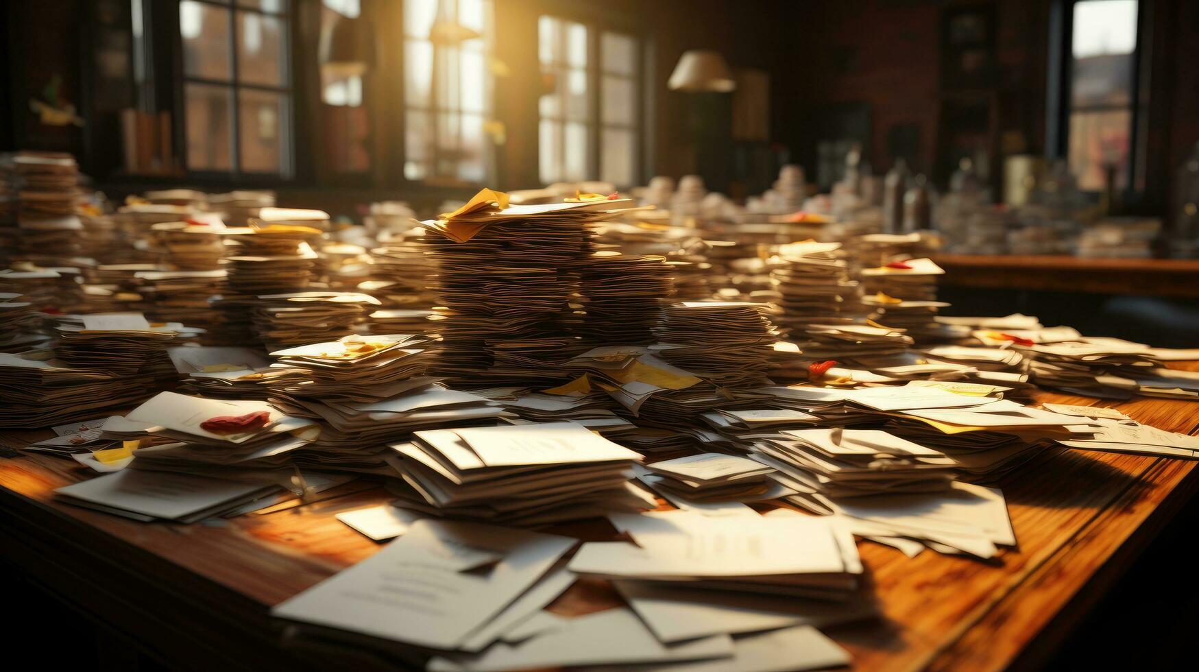 AI generated Lots of papers, stacks of piles of files in the office with documents with information, deadline, work with documents, concept business and finance office career photo