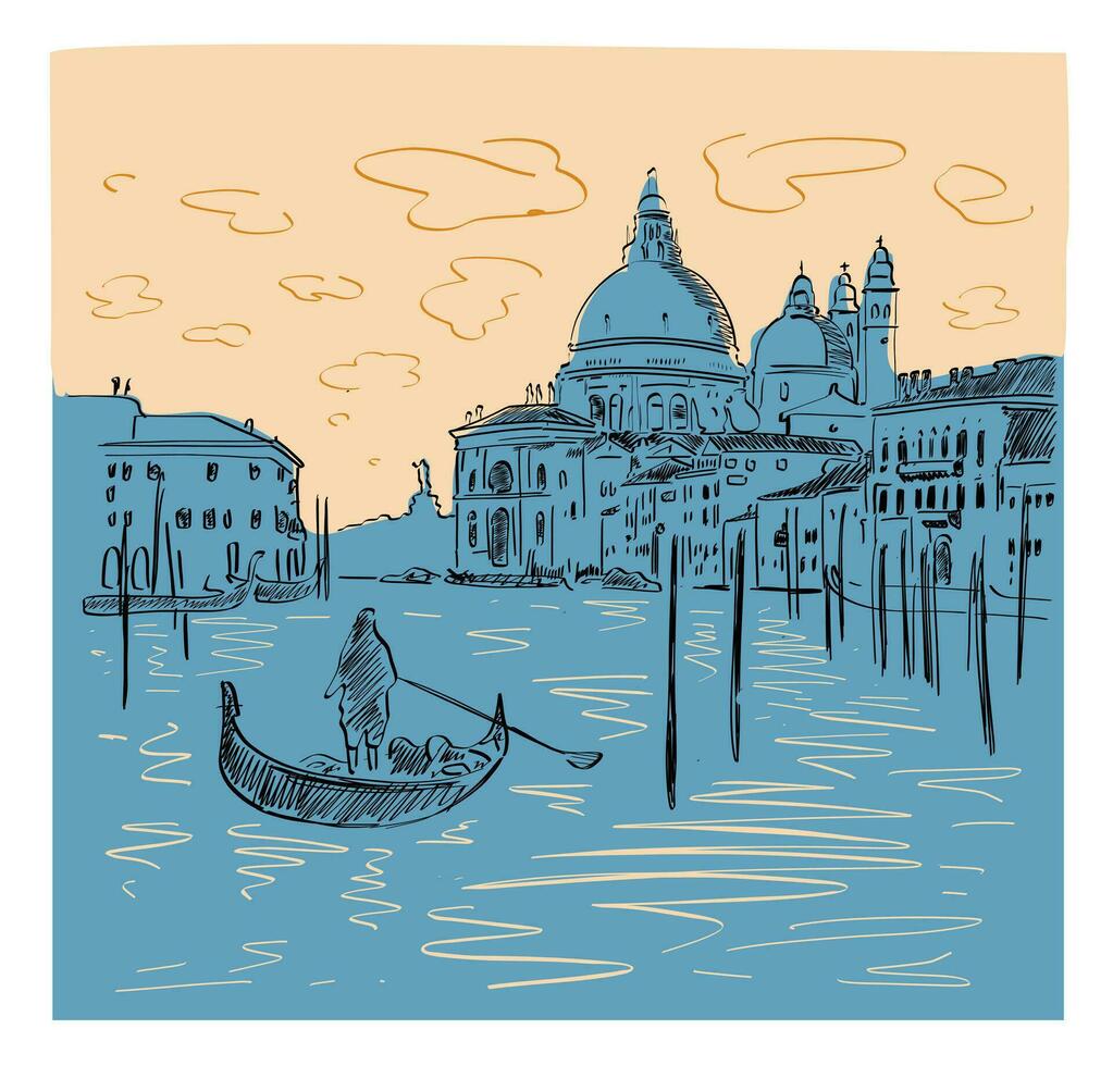 Silhouette of the skyline and architecture of Venice with a gondola on the water. Vector hand drawn illustration