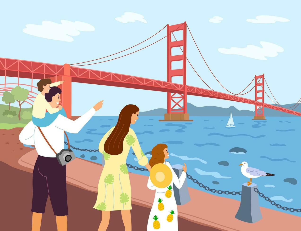 Golden Gate Bridge across the strait. San Francisco. Family look into the distance. Vector illustration.
