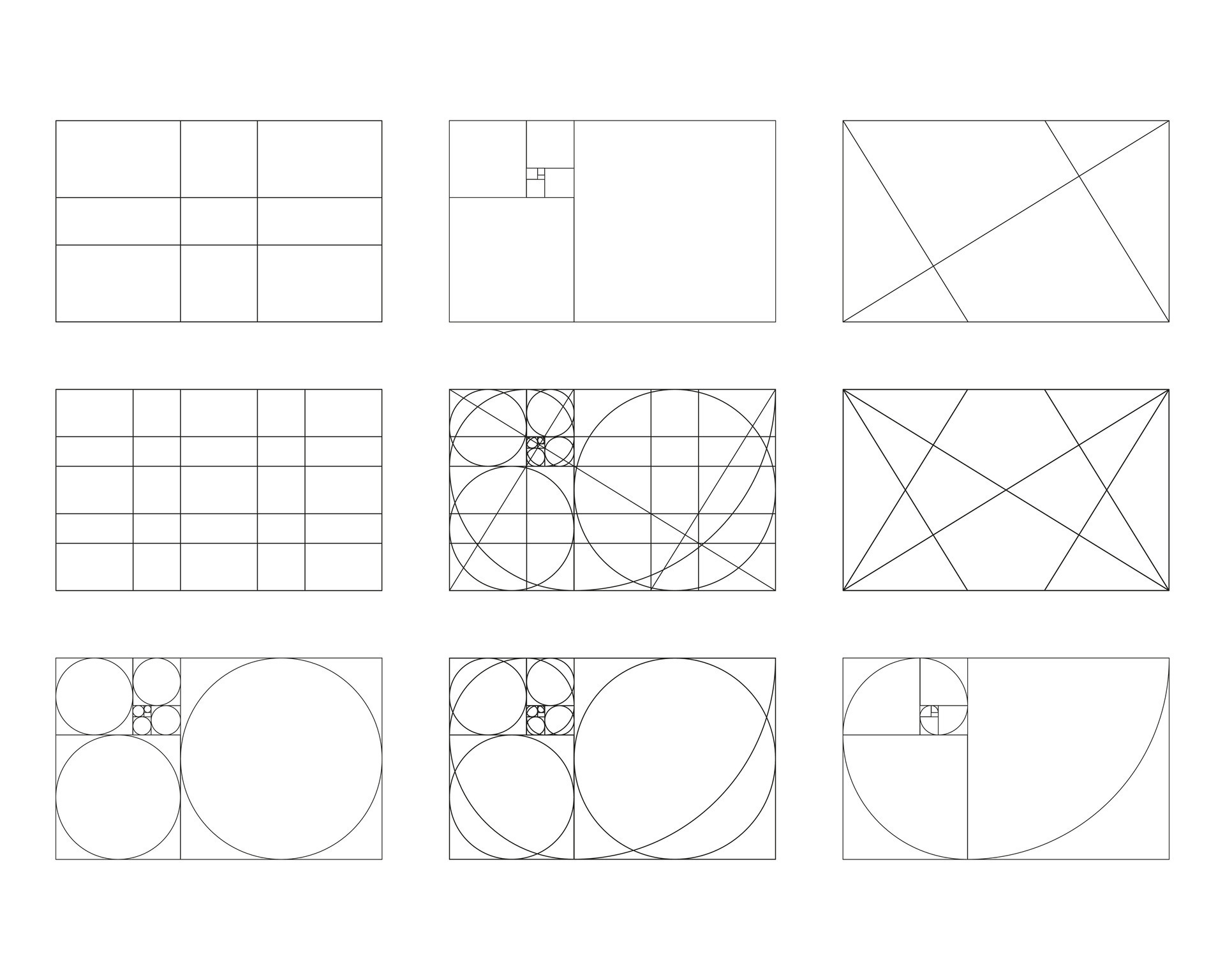 Golden ratio templates set. Fibonacci array, numbers. Harmony Golden ratio templates set. Fibonacci array, numbers. Harmony