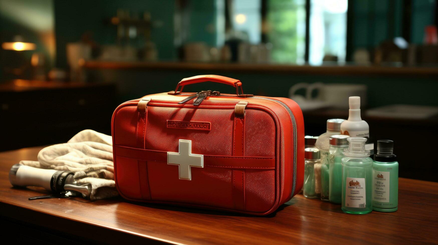 AI generated Medical first aid kit with medicines to provide first aid for injuries and illnesses photo