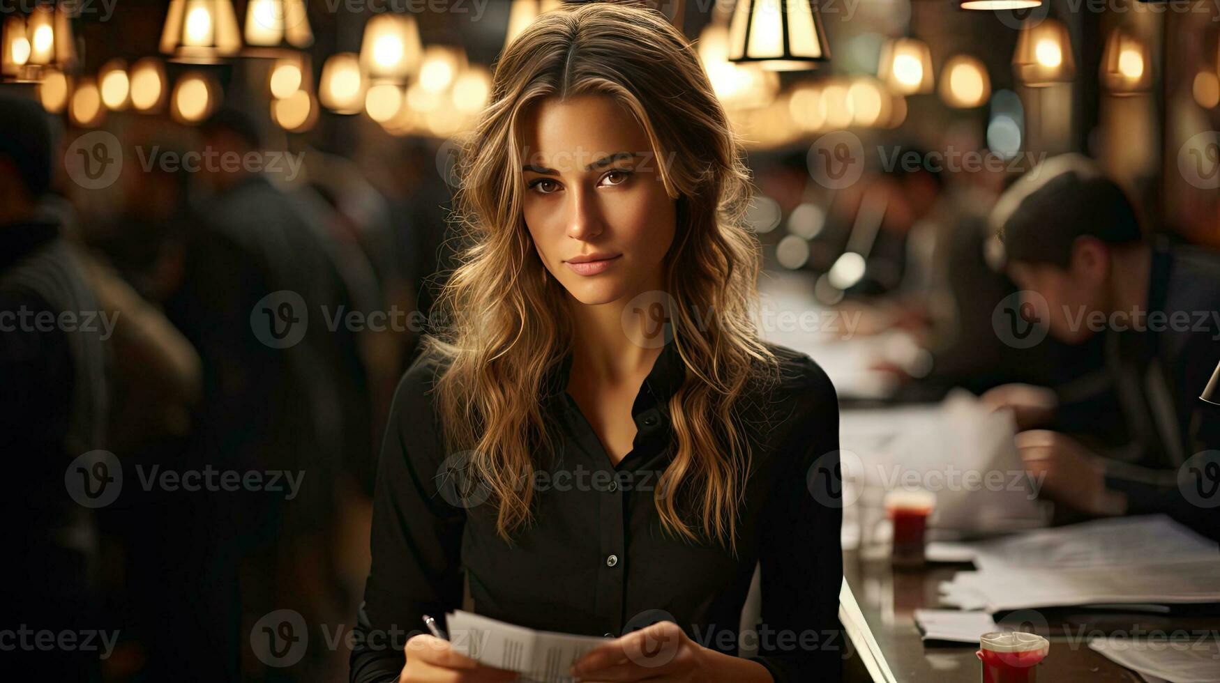 AI generated Paperwork, woman working in office with papers and documents, sewing up at work, stress and career photo