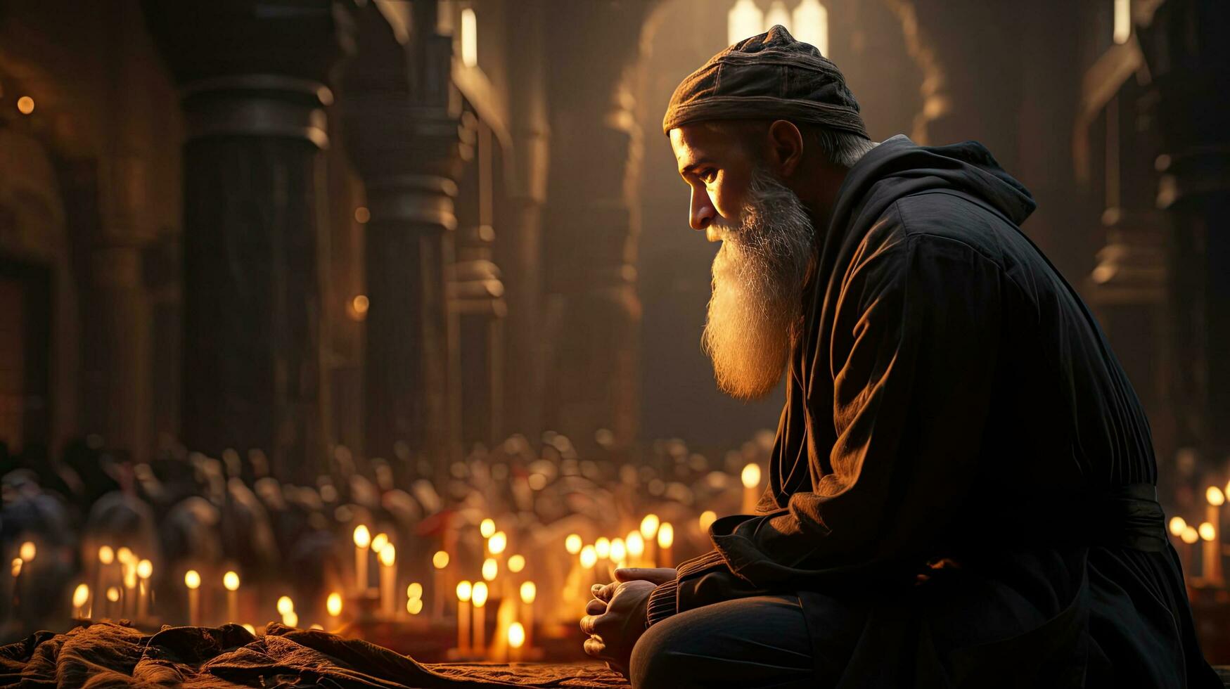 AI generated A Muslim Arab man prays in the temple of the mosque to God God and reads the Koran photo
