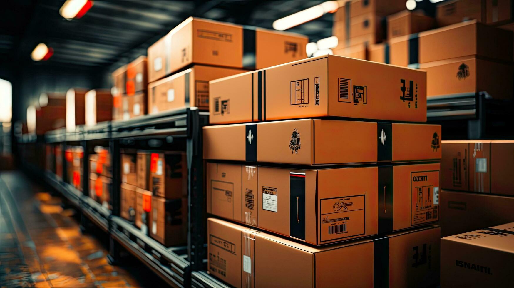 AI generated Many cardboard boxes in a large logistics warehouse of an online marketplace for trade and delivery of goods photo