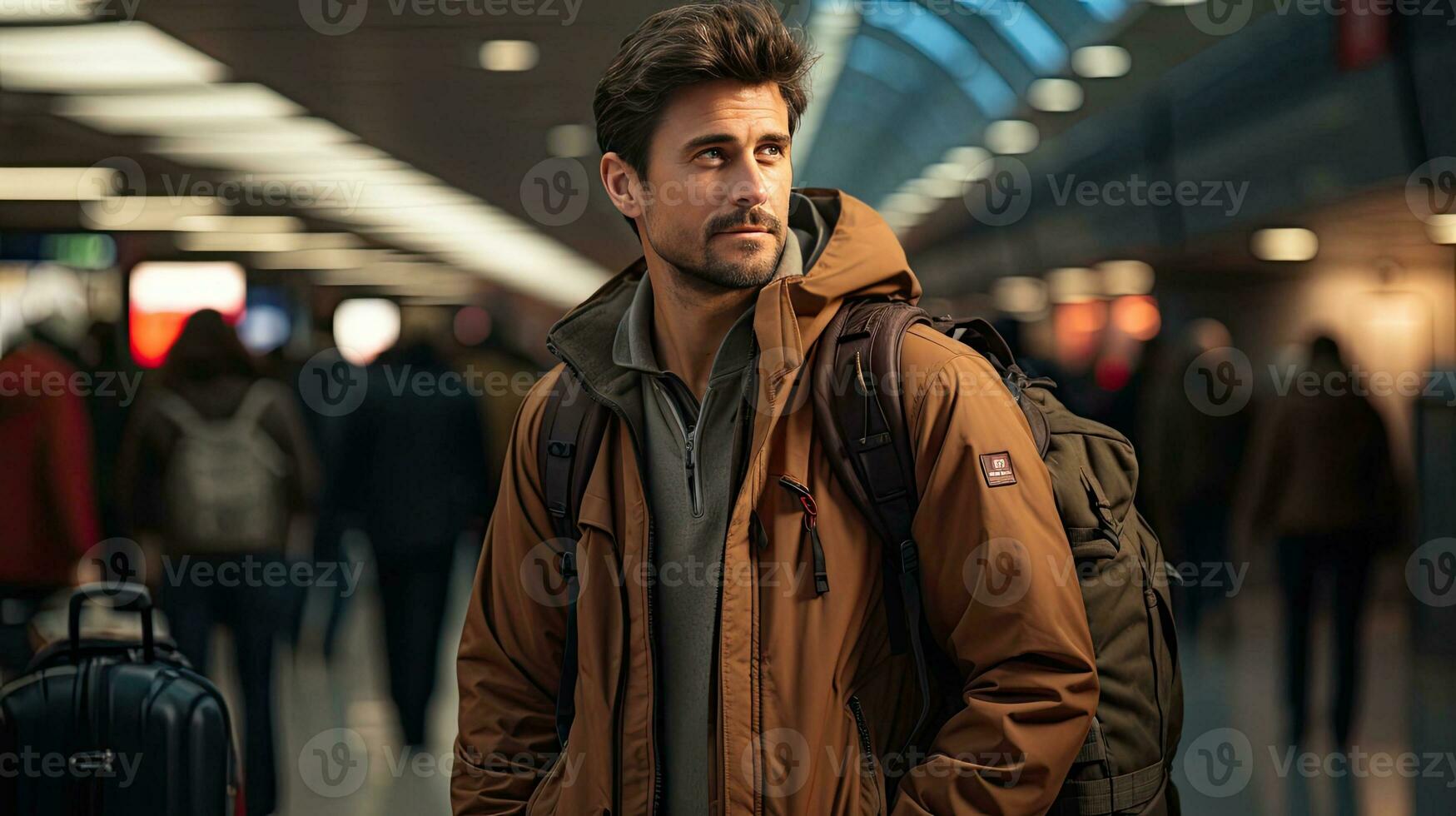 AI generated Male tourist traveler waiting to board a plane in the airport terminal, concept of travel tourism and air travel photo